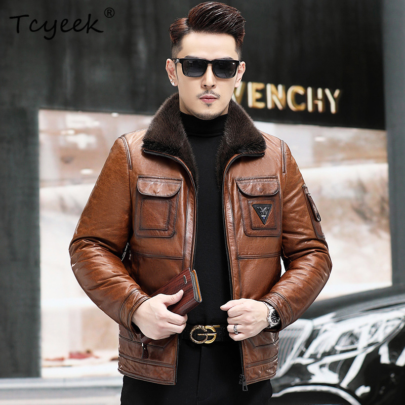 Winter Clothing Layers - Tcyeek Herrenjacke aus Echtem Schafsleder, Warme