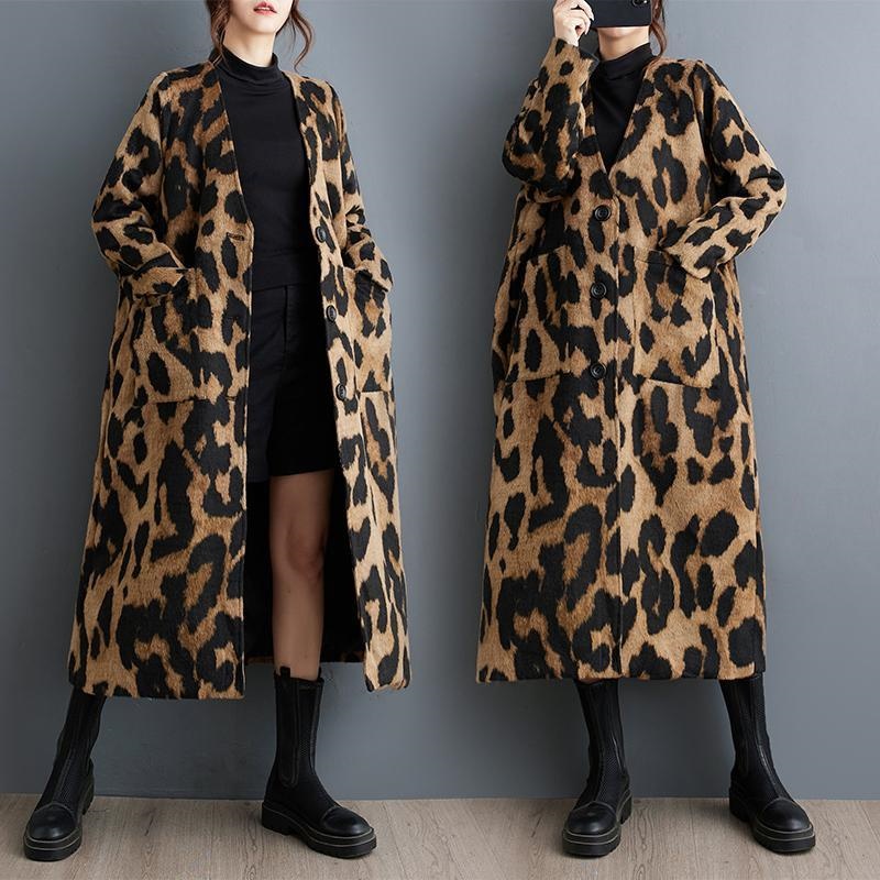 Winter Clothing Layers - Retro Mode Leopard Print Woolen Trenchcoat