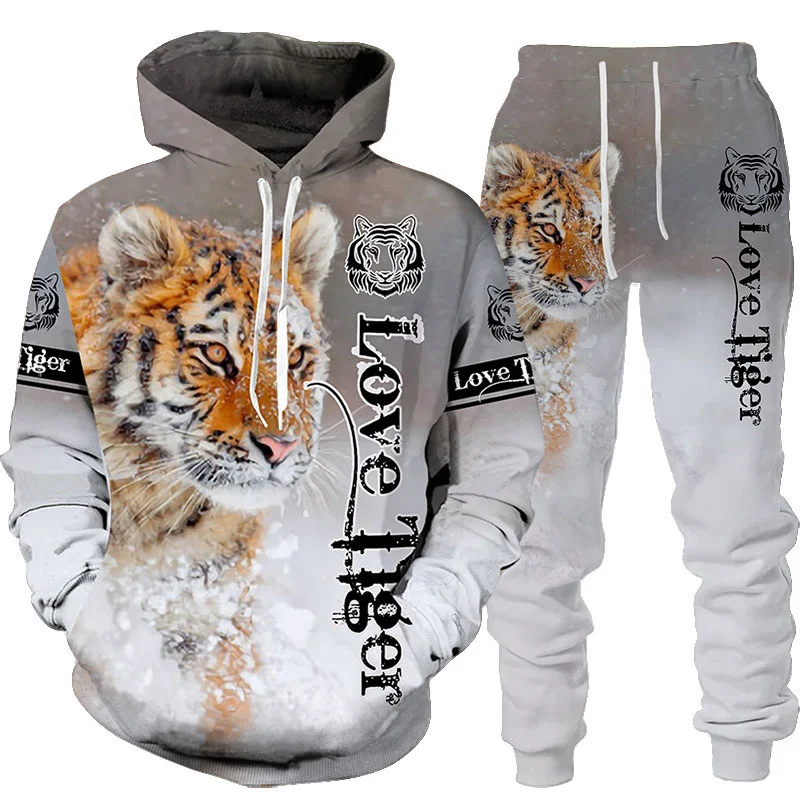 Winter Clothing Men Style - Neuer Tier-3D-Tiger-bedruckter Hoodie + Hosenanzug Coole